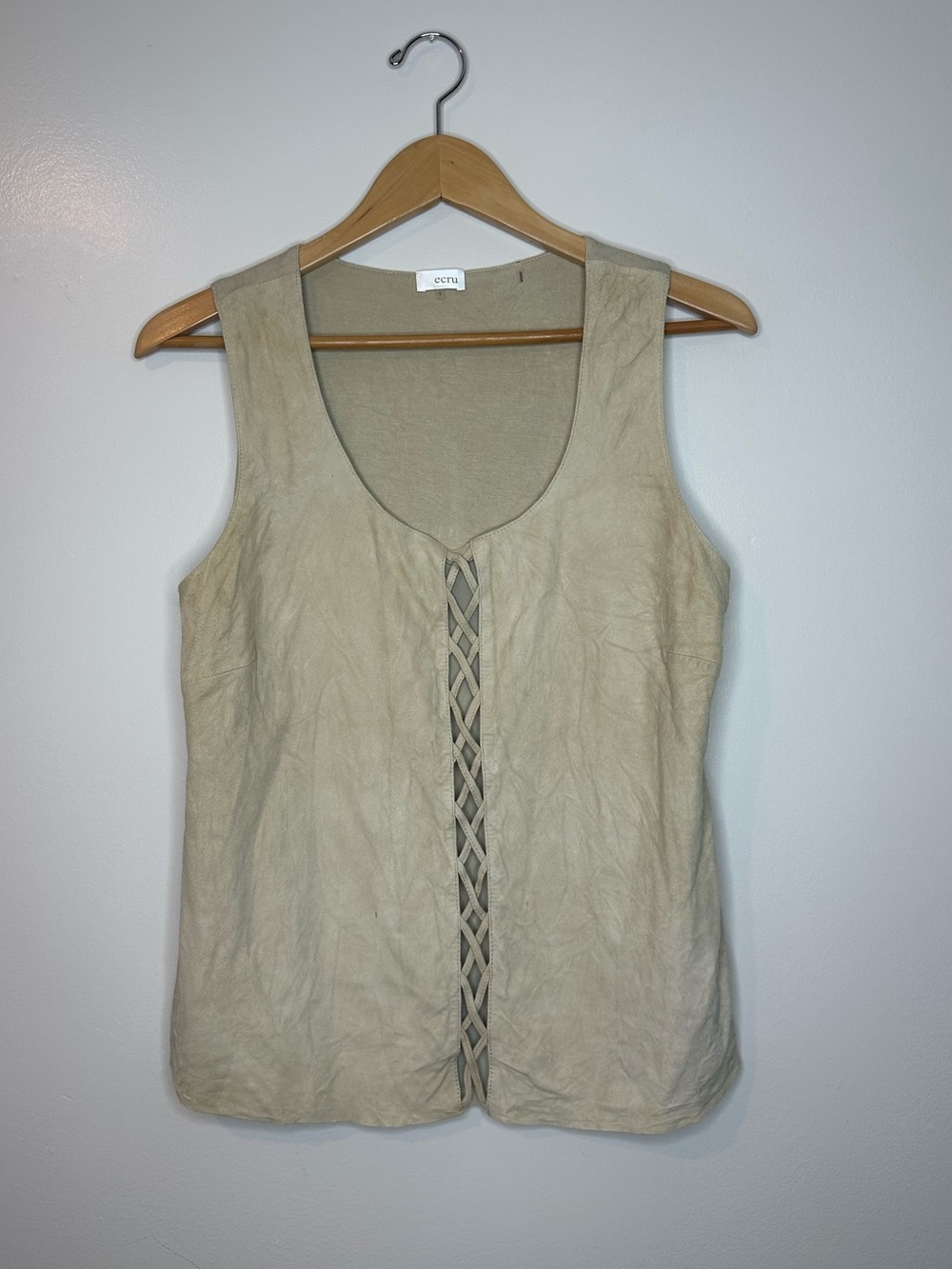 Ecru Women’s Suede Geuine Leather  Sleeveless Crosshatch Front Tank Top L Boho